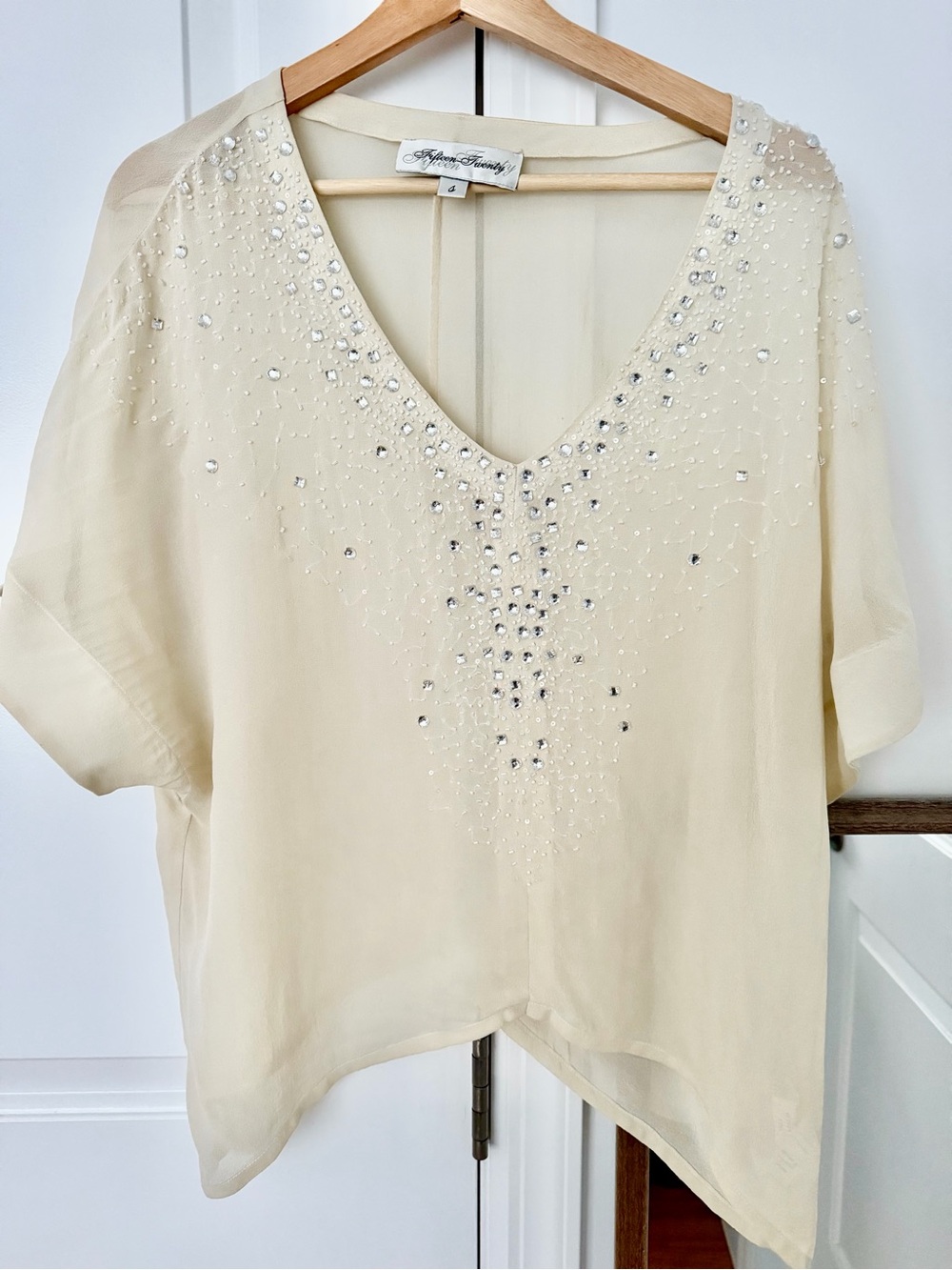 Fifteen Twenty 100% Silk Embellished Blouse Top Egg Cream Color Size Small